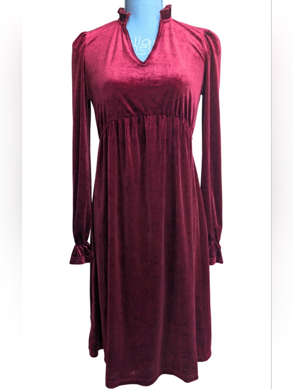 NWT Burgundy Velvet Ruffle Collar Empire Waist Long Sleeve Midi Dress Small